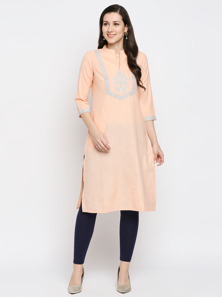 Women's Peach Poly Slub Embroidered Kurta