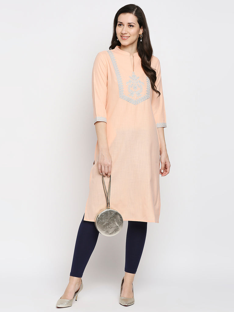 Women's Peach Poly Slub Embroidered Kurta