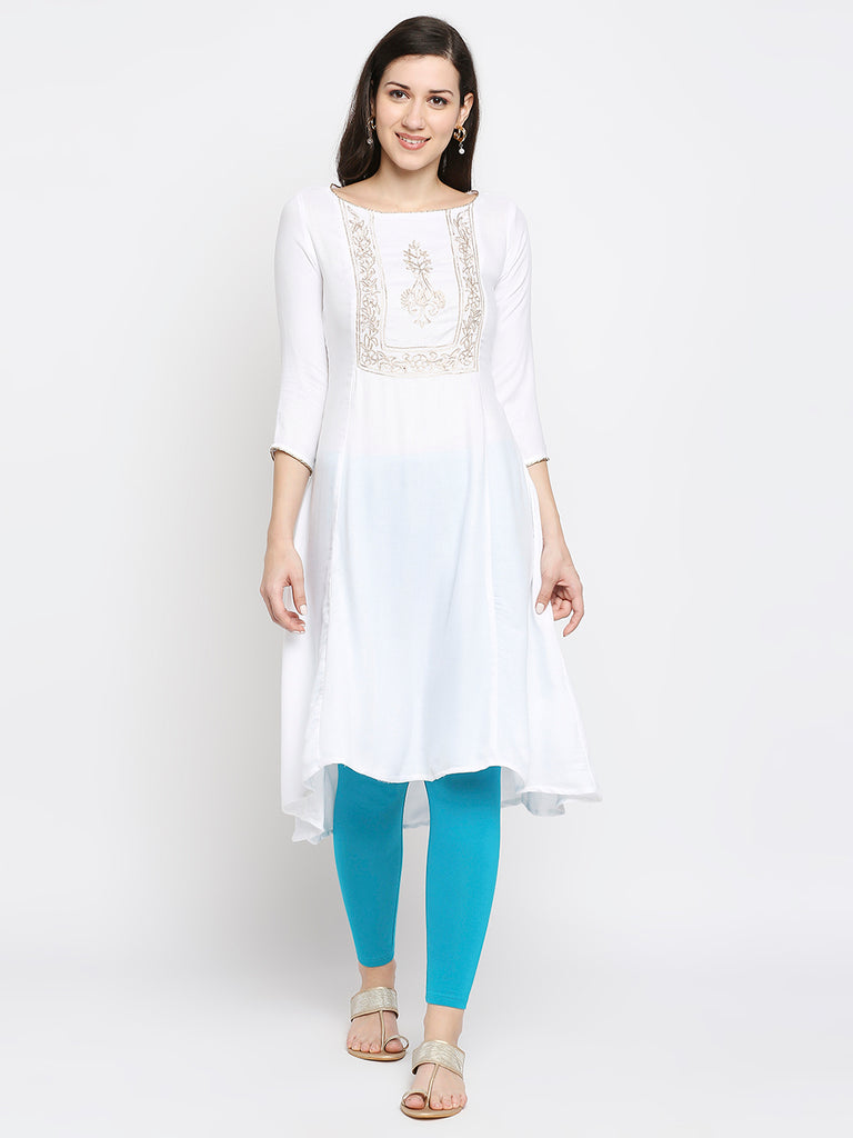 Women's Off White Viscose Moss Embroidered Kurta