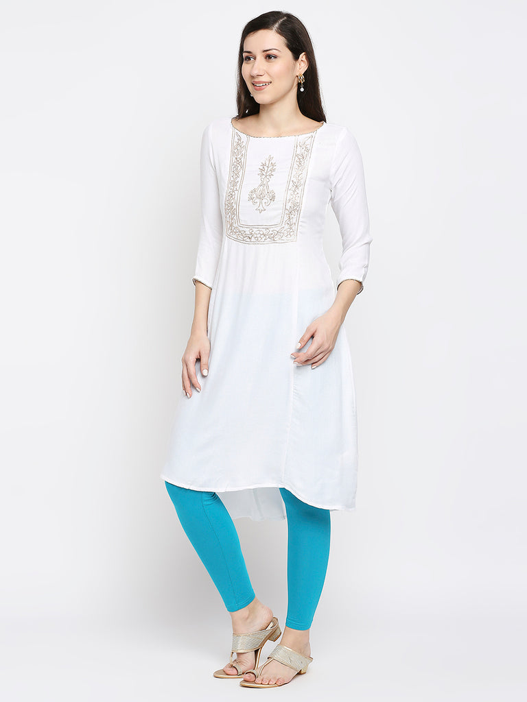 Women's Off White Viscose Moss Embroidered Kurta