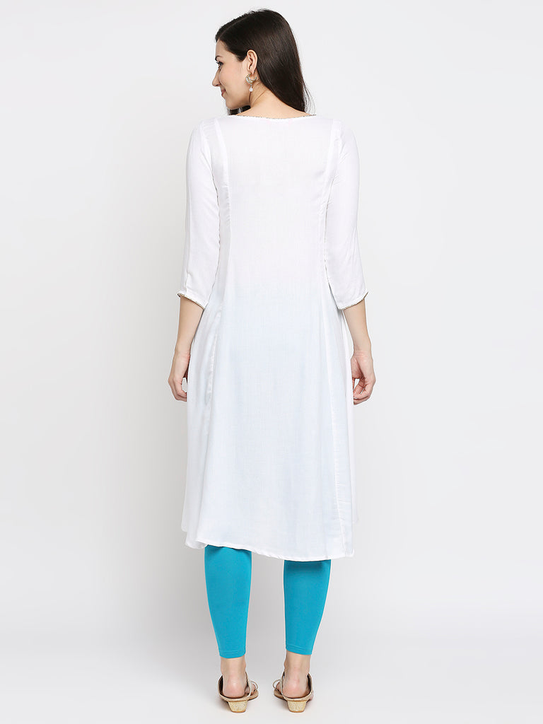 Women's Off White Viscose Moss Embroidered Kurta