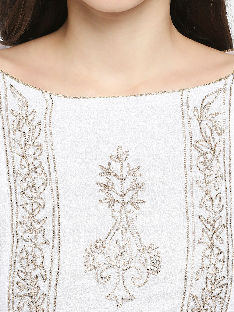 Women's Off White Viscose Moss Embroidered Kurta