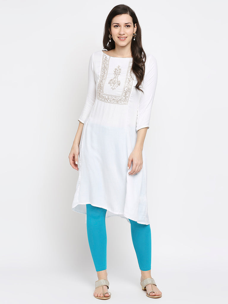 Women's Off White Viscose Moss Embroidered Kurta