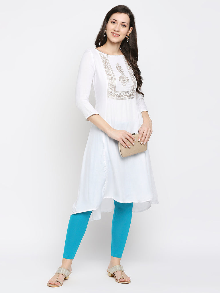Women's Off White Viscose Moss Embroidered Kurta