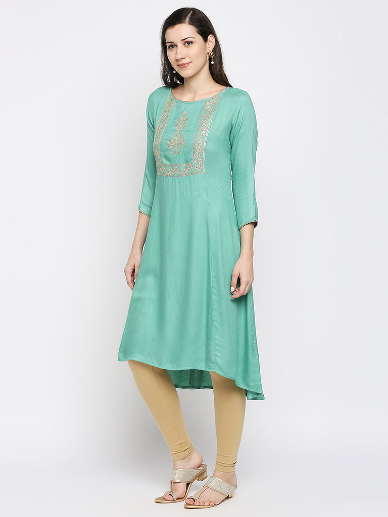 Women's Sea Green Viscose Moss Embroidered Kurta