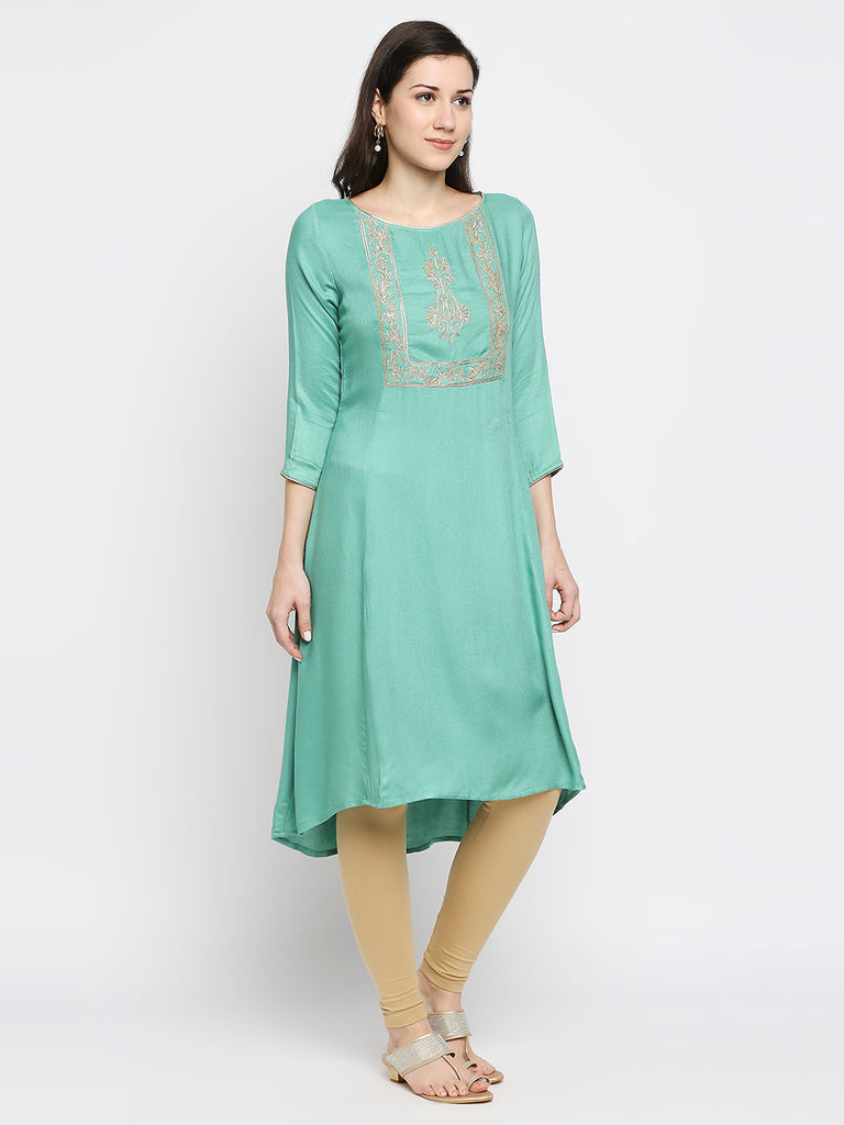 Women's Sea Green Viscose Moss Embroidered Kurta