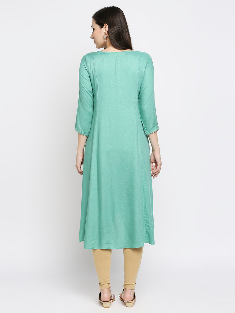 Women's Sea Green Viscose Moss Embroidered Kurta
