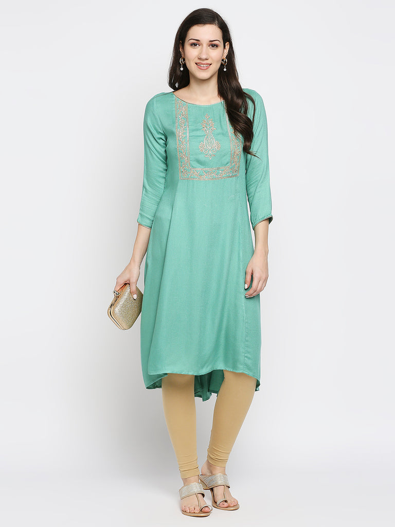 Women's Sea Green Viscose Moss Embroidered Kurta