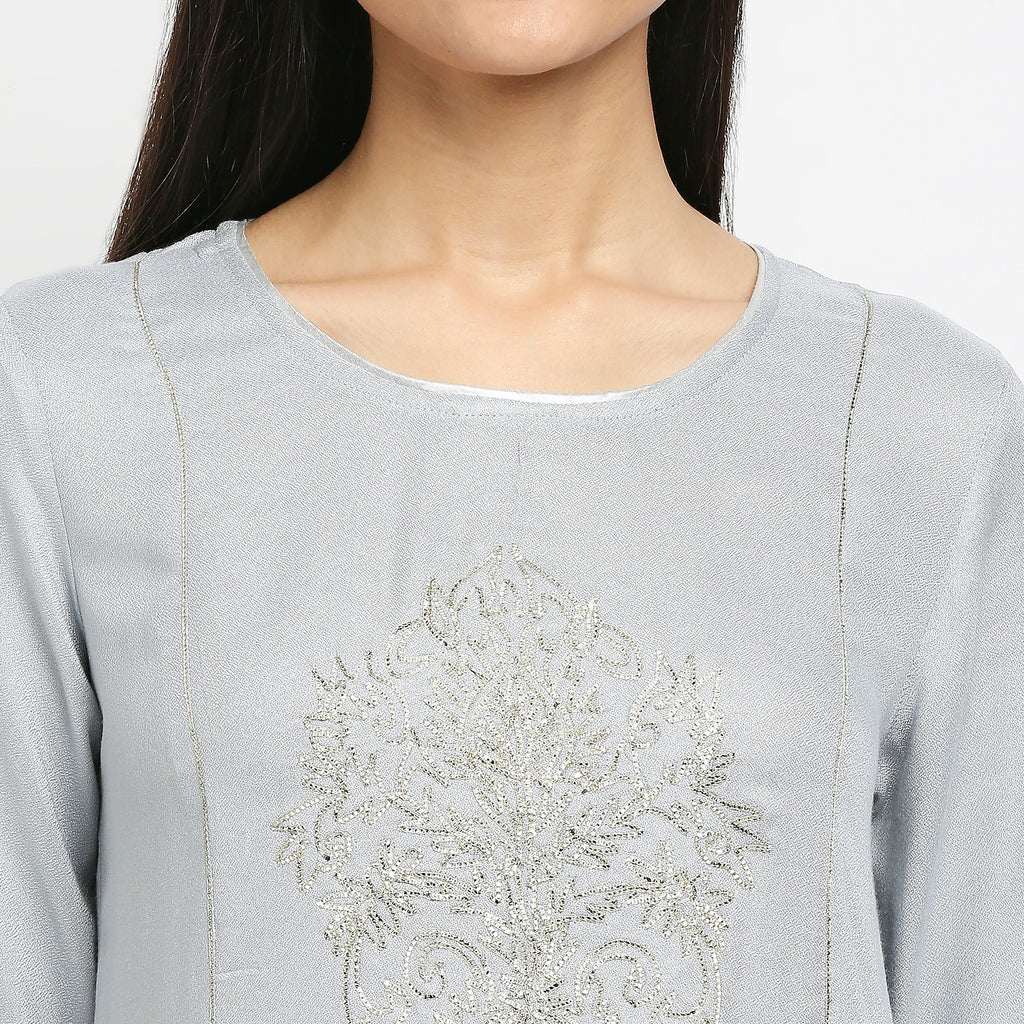 Women's Grey Viscose Moss Embroidered Kurta