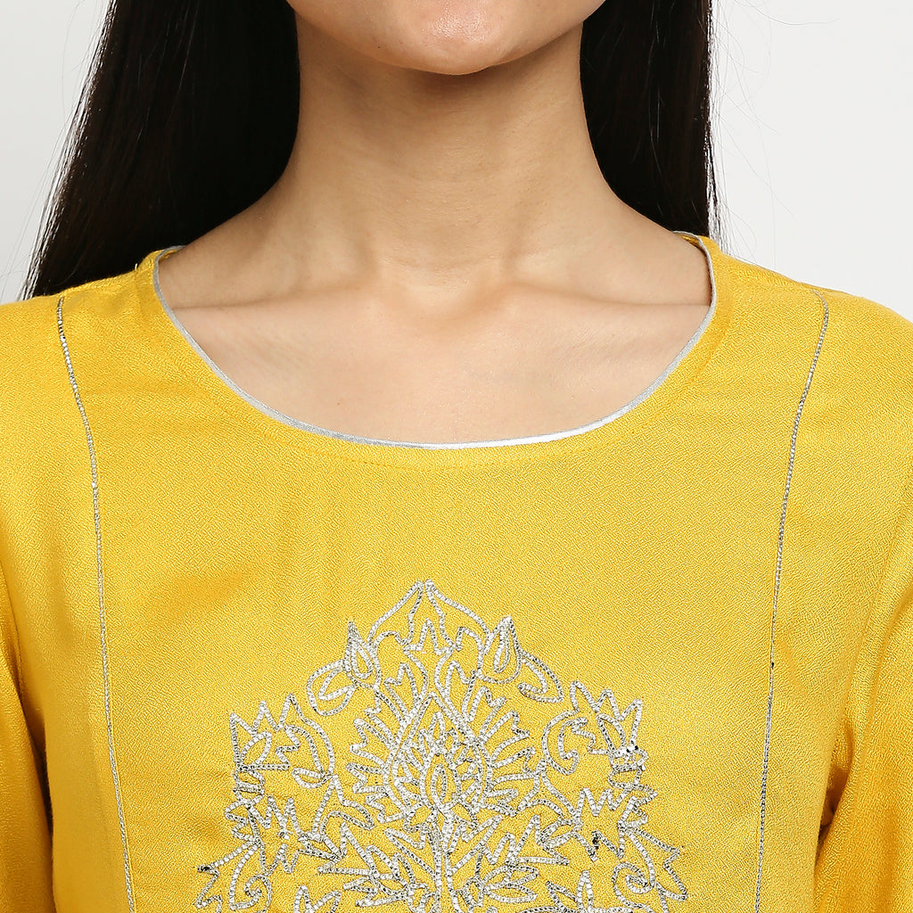 Women's Mustard Viscose Moss Embroidered Kurta