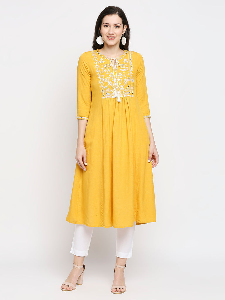 Women's Mustard Rayon Flax Embroidered Kurta