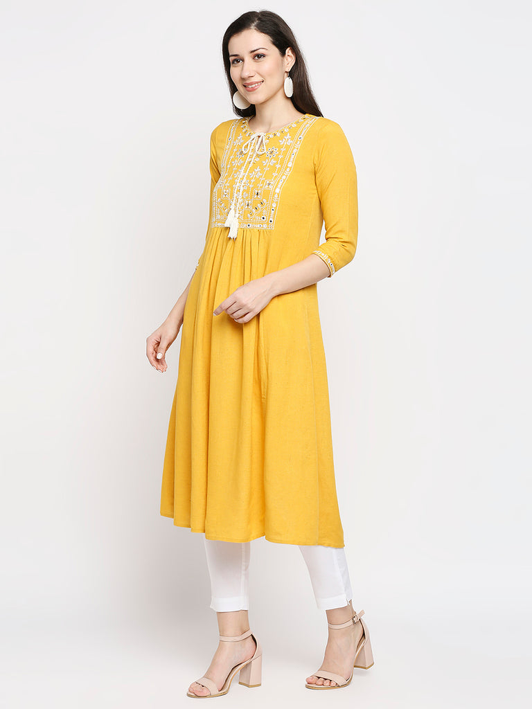 Women's Mustard Rayon Flax Embroidered Kurta