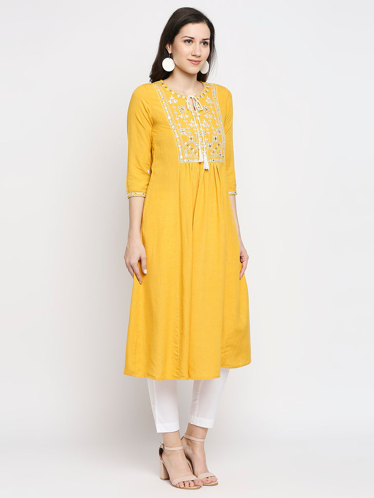 Women's Mustard Rayon Flax Embroidered Kurta