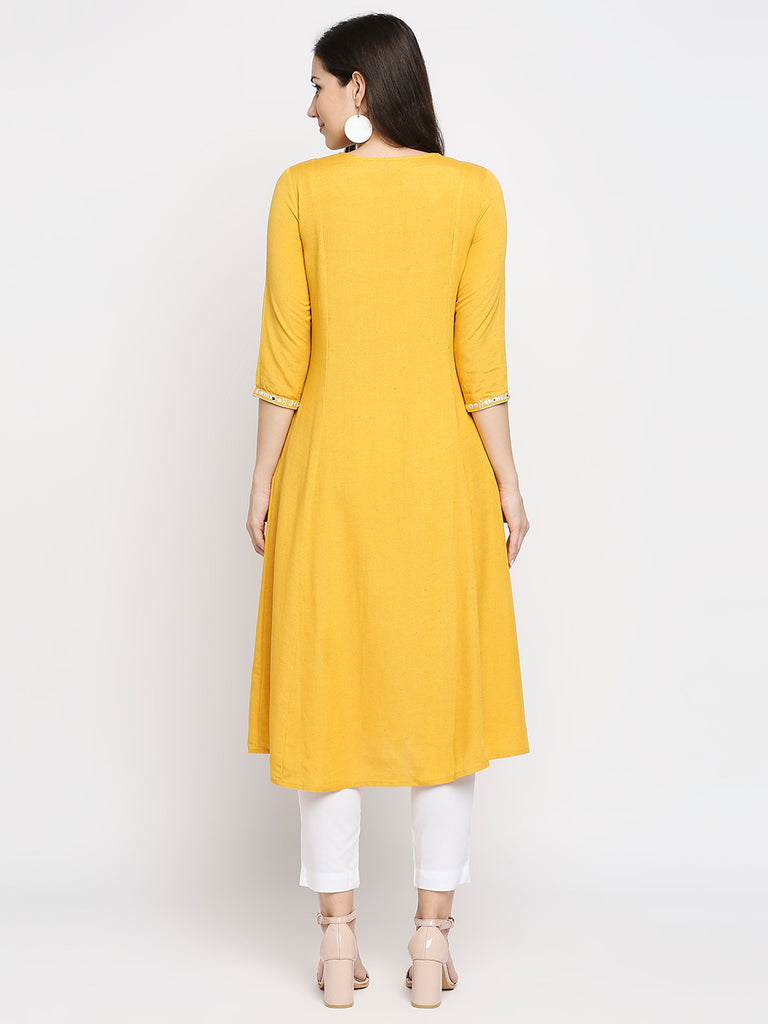 Women's Mustard Rayon Flax Embroidered Kurta