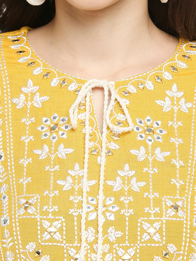 Women's Mustard Rayon Flax Embroidered Kurta