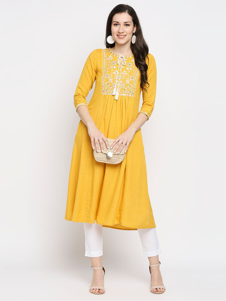 Women's Mustard Rayon Flax Embroidered Kurta