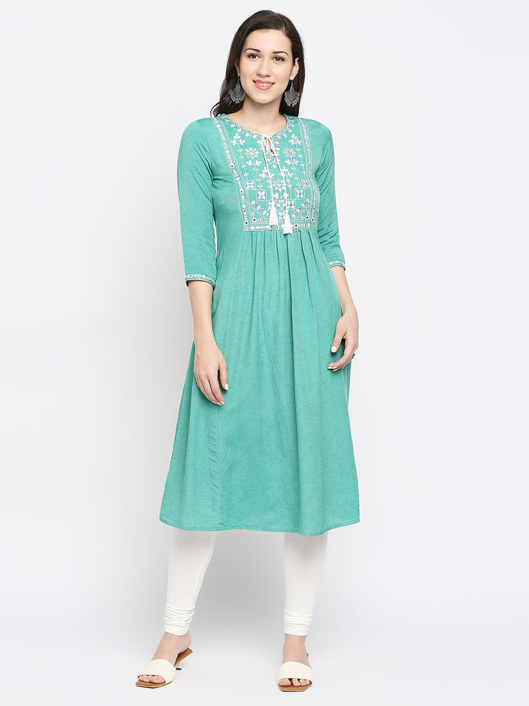 Women's Sea Green Rayon Flax Embroidered Kurta