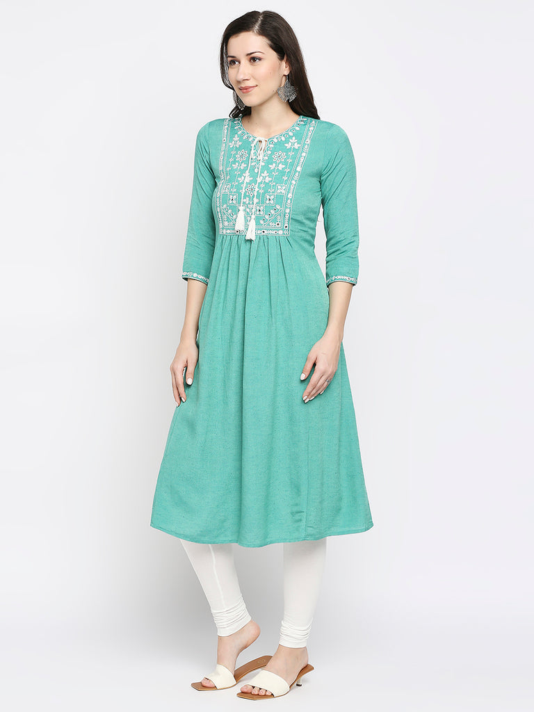 Women's Sea Green Rayon Flax Embroidered Kurta