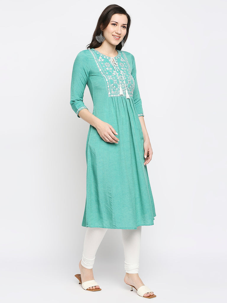 Women's Sea Green Rayon Flax Embroidered Kurta