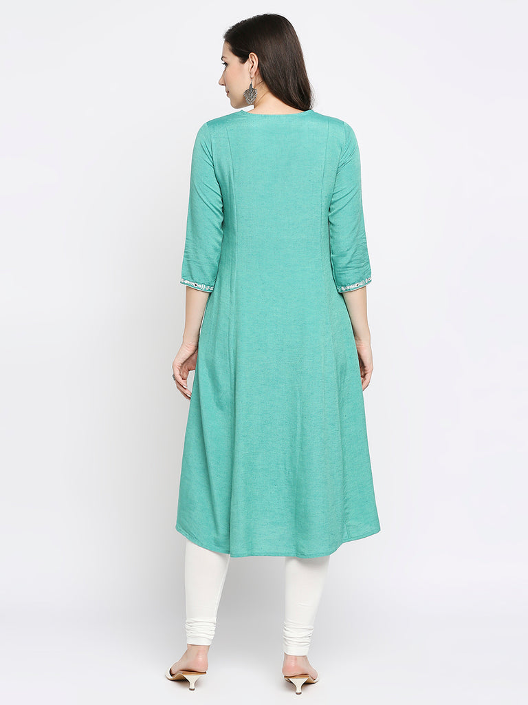 Women's Sea Green Rayon Flax Embroidered Kurta