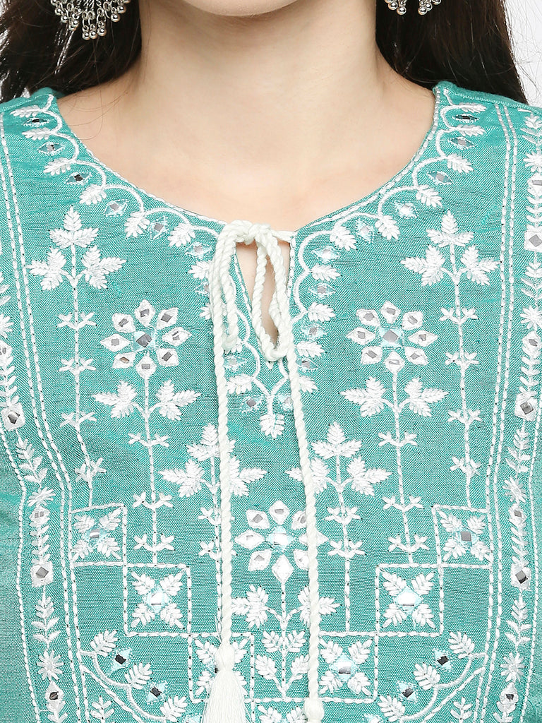 Women's Sea Green Rayon Flax Embroidered Kurta