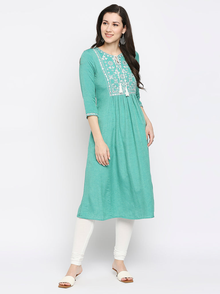 Women's Sea Green Rayon Flax Embroidered Kurta