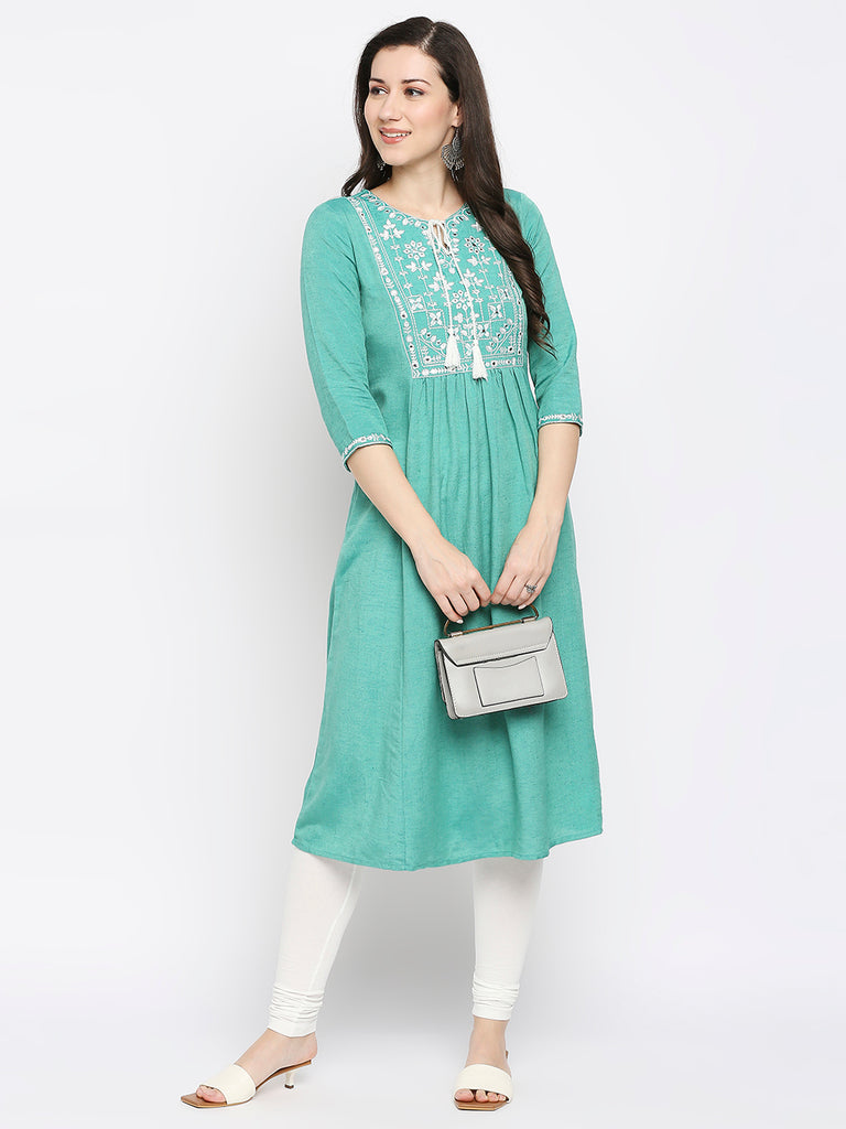 Women's Sea Green Rayon Flax Embroidered Kurta