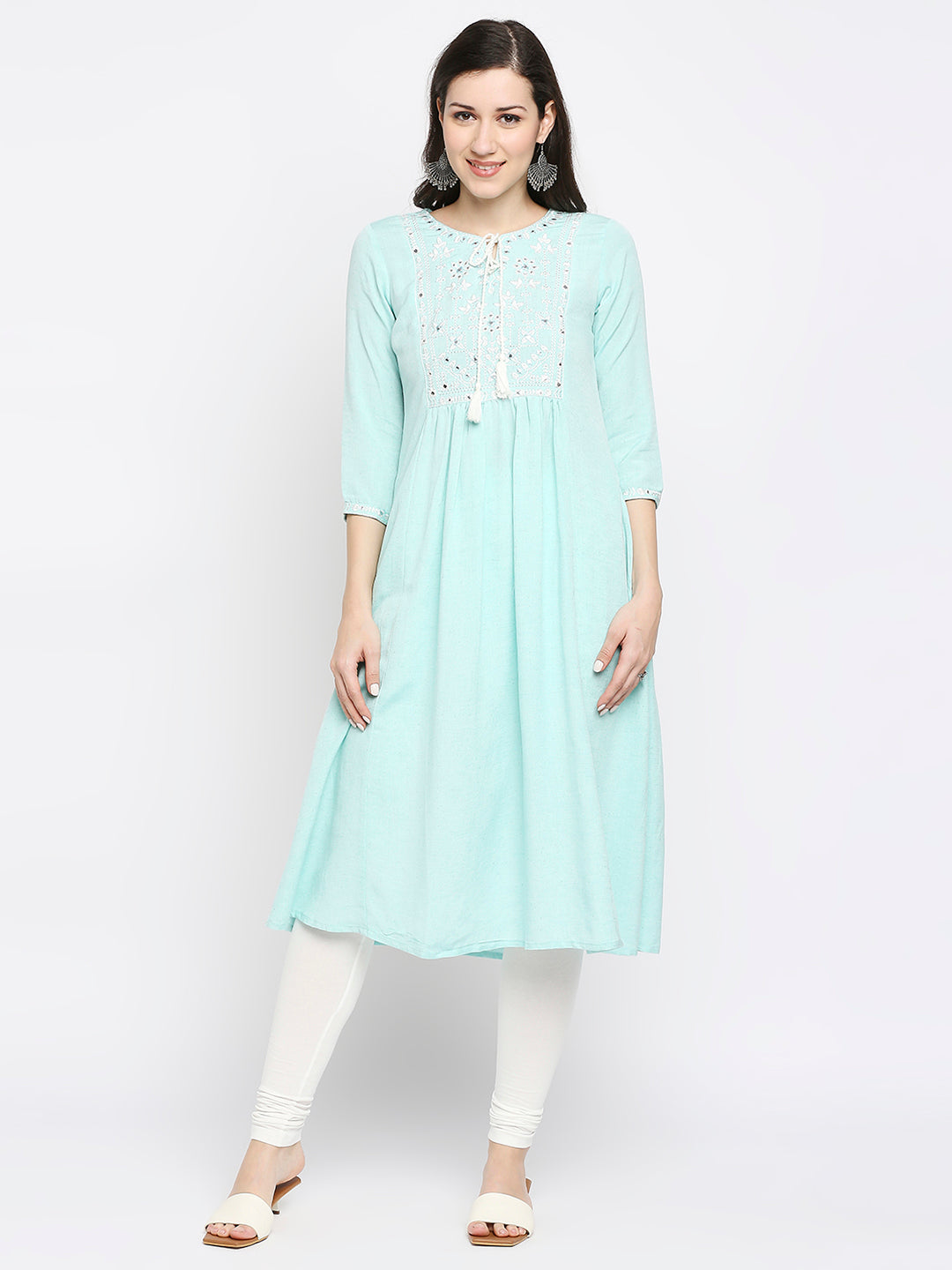 Women's Mint Rayon Flax Embroidered Kurta