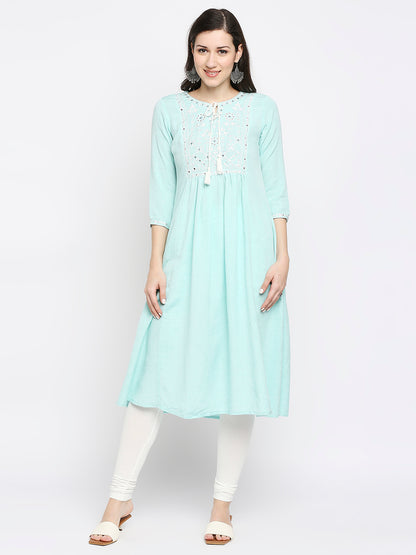 Women's Mint Rayon Flax Embroidered Kurta
