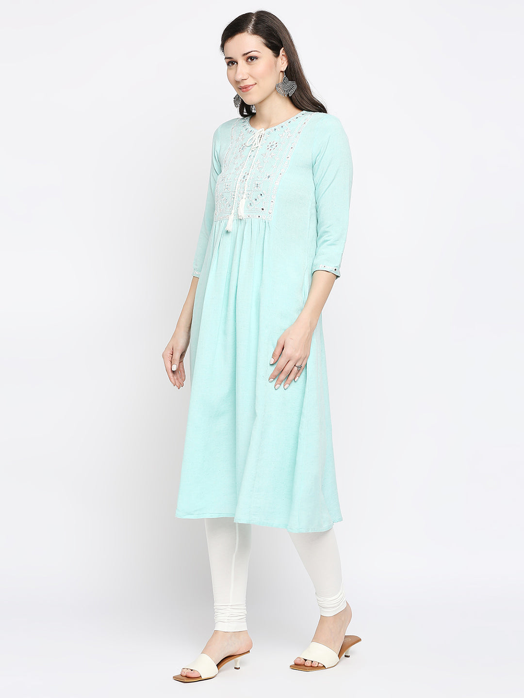 Women's Mint Rayon Flax Embroidered Kurta