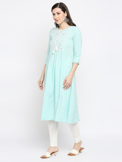 Women's Mint Rayon Flax Embroidered Kurta