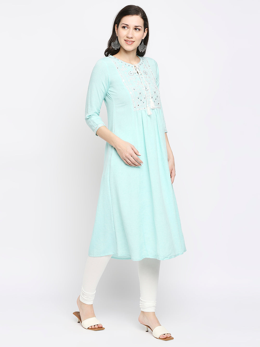 Women's Mint Rayon Flax Embroidered Kurta