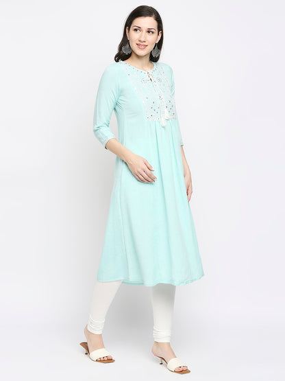 Women's Mint Rayon Flax Embroidered Kurta