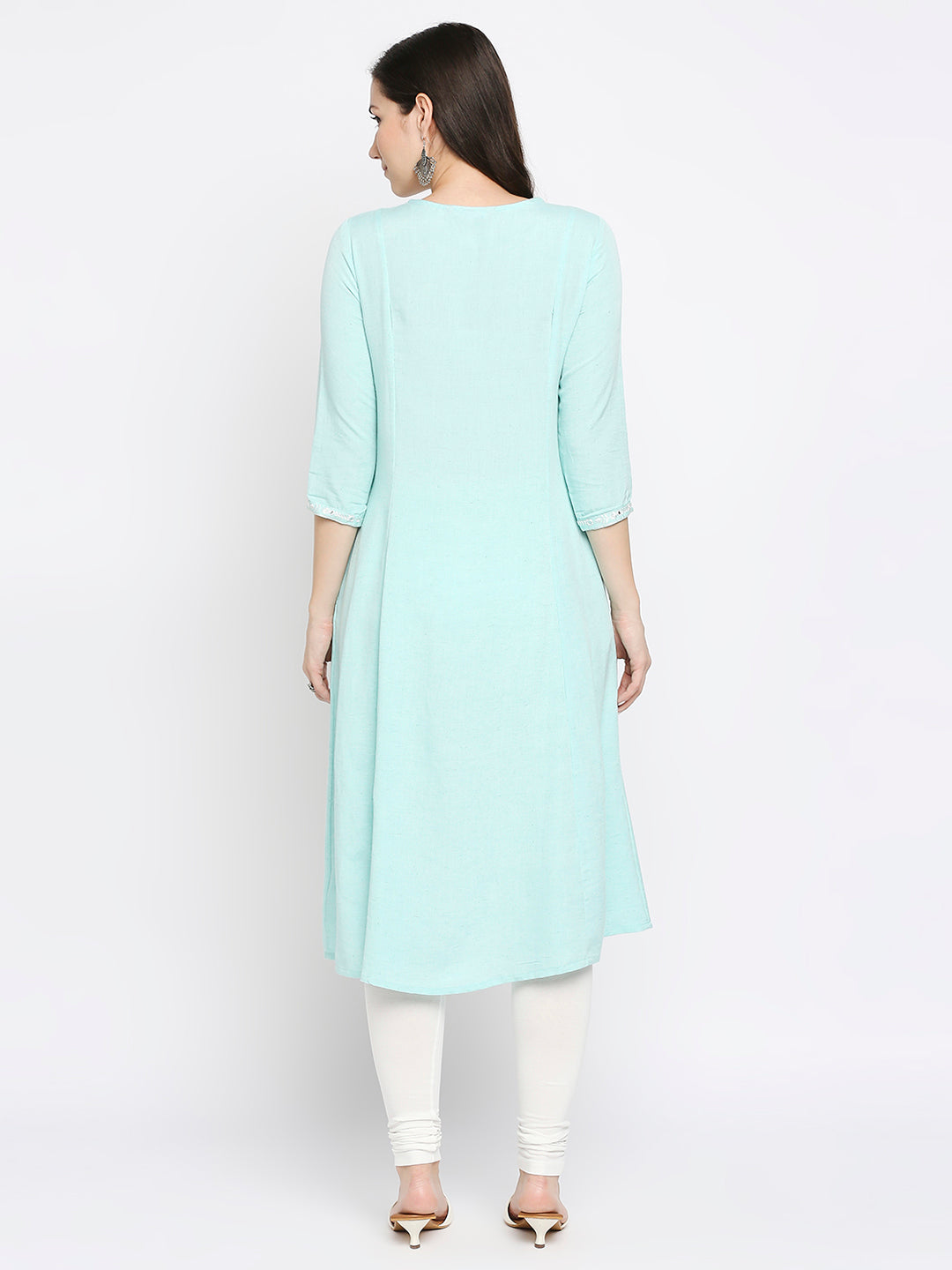 Women's Mint Rayon Flax Embroidered Kurta