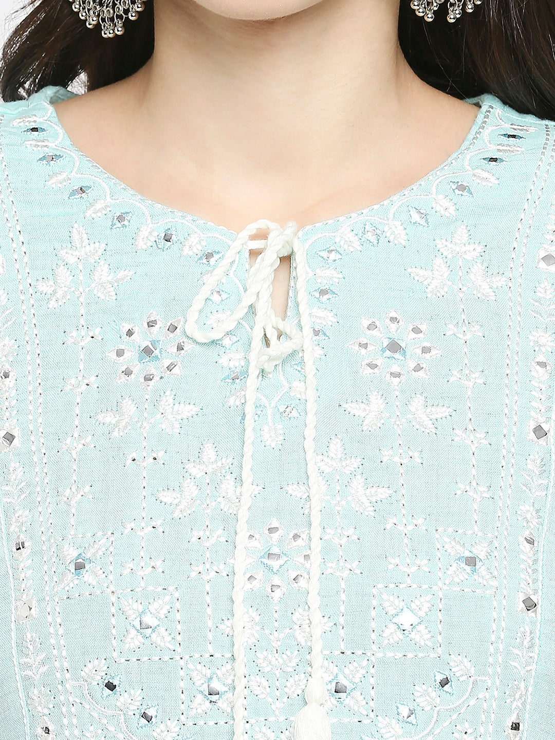 Women's Mint Rayon Flax Embroidered Kurta