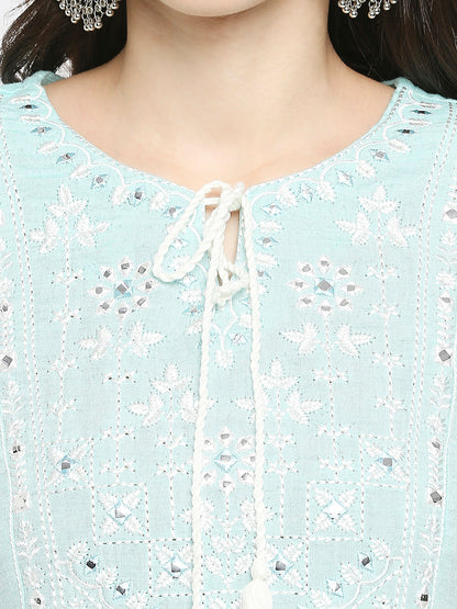 Women's Mint Rayon Flax Embroidered Kurta