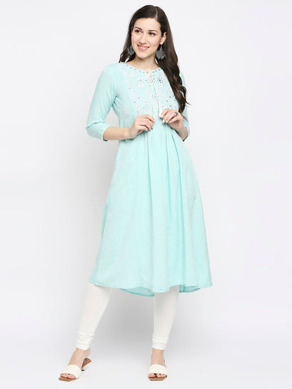 Women's Mint Rayon Flax Embroidered Kurta