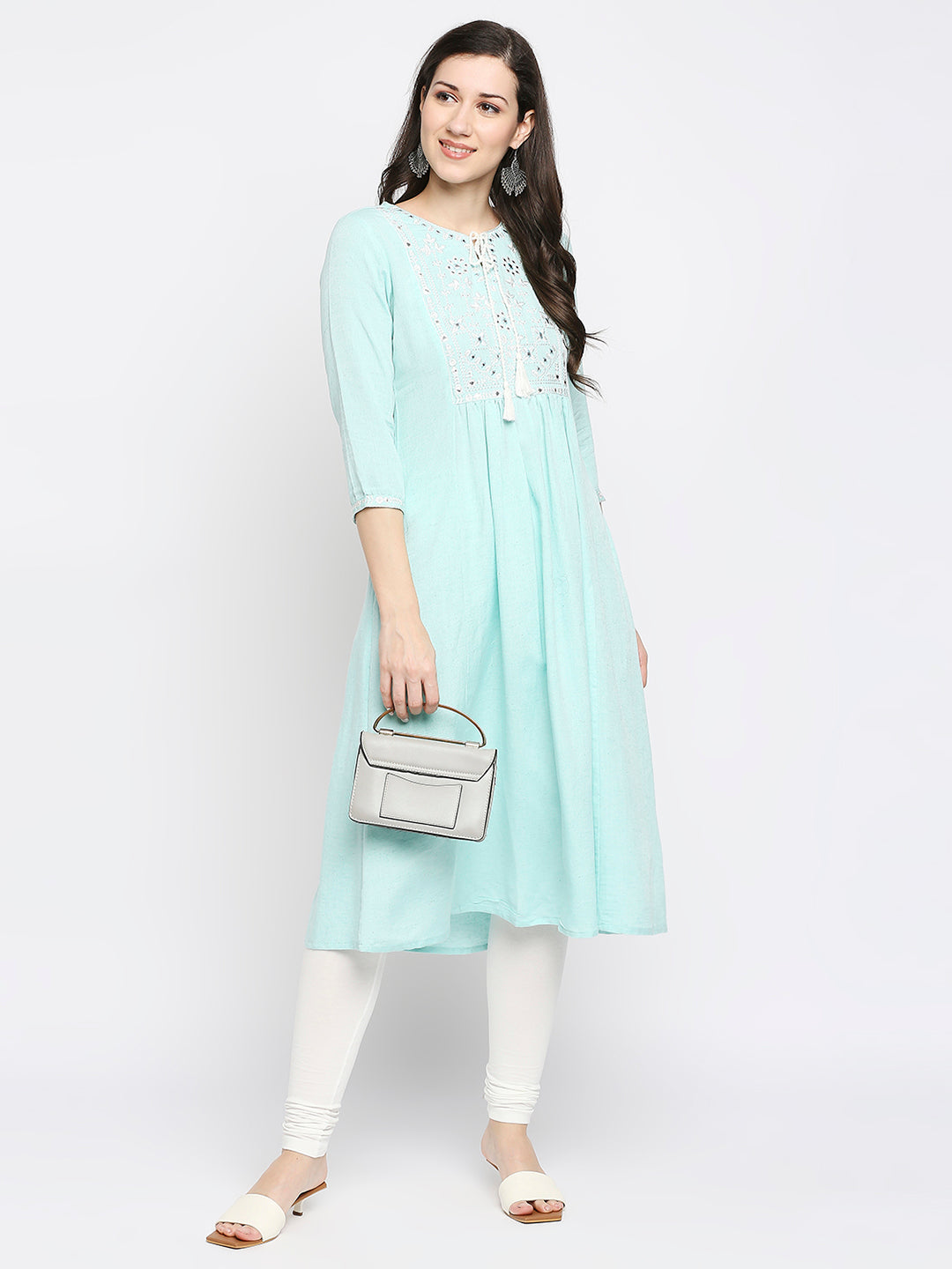 Women's Mint Rayon Flax Embroidered Kurta