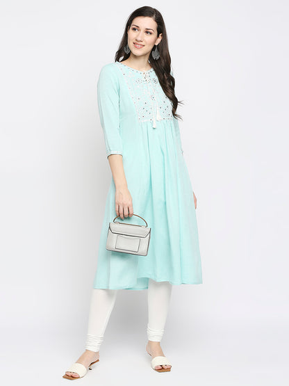 Women's Mint Rayon Flax Embroidered Kurta