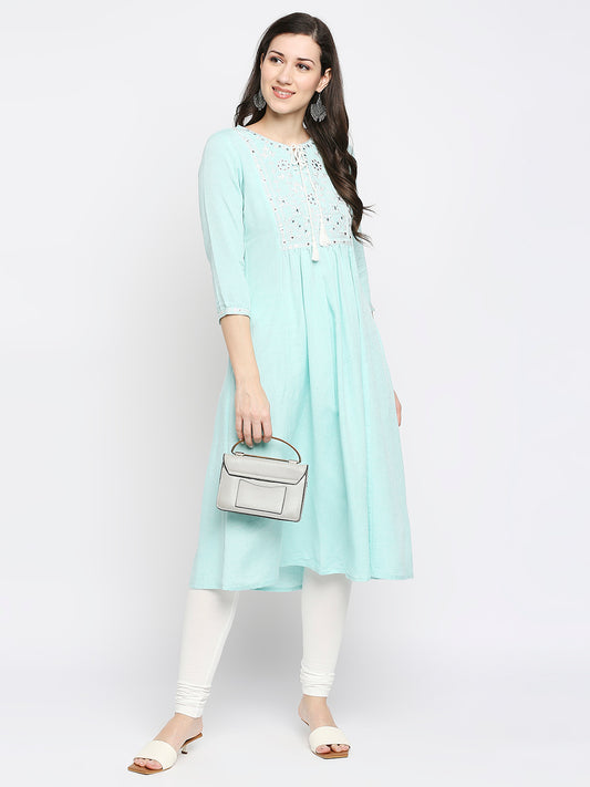 Women's Mint Rayon Flax Embroidered Kurta
