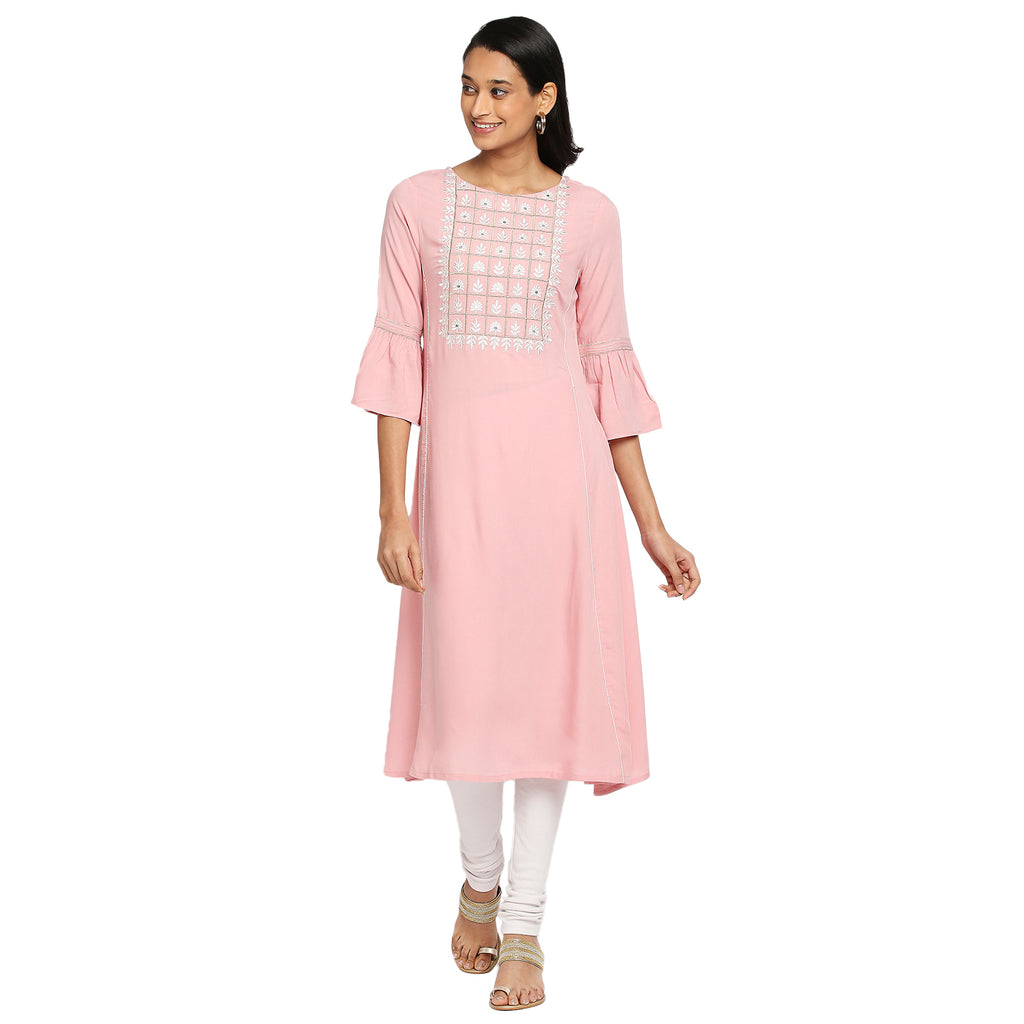 Women's Pink Rayon Embroidered Kurta