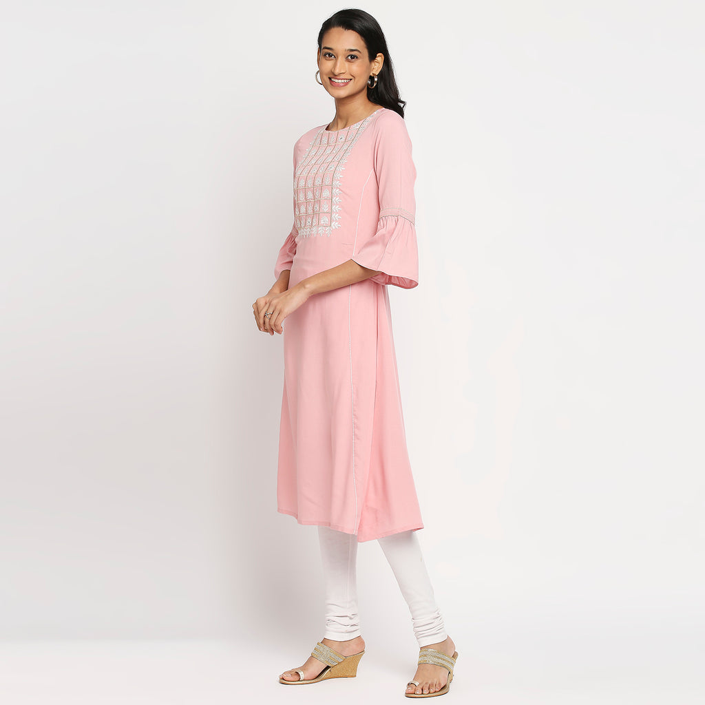 Women's Pink Rayon Embroidered Kurta