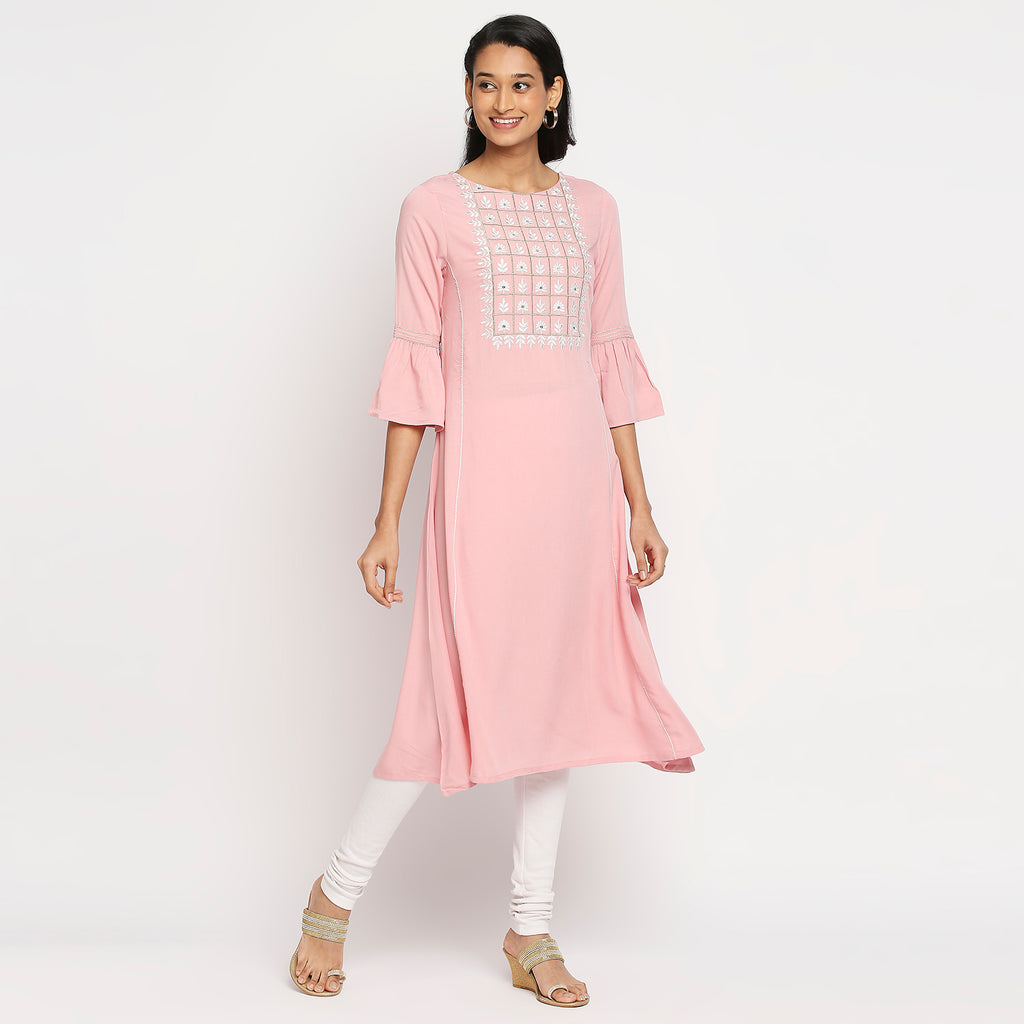 Women's Pink Rayon Embroidered Kurta