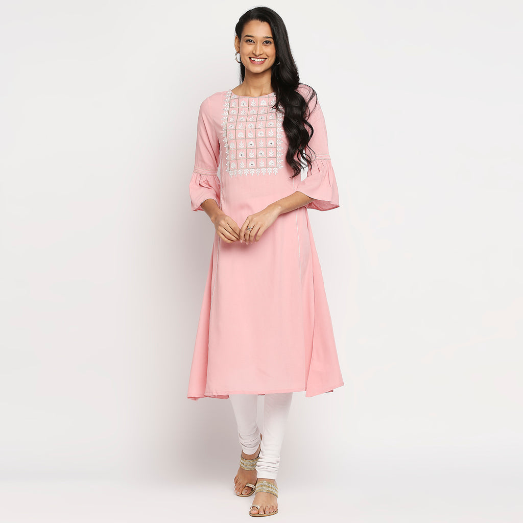 Women's Pink Rayon Embroidered Kurta