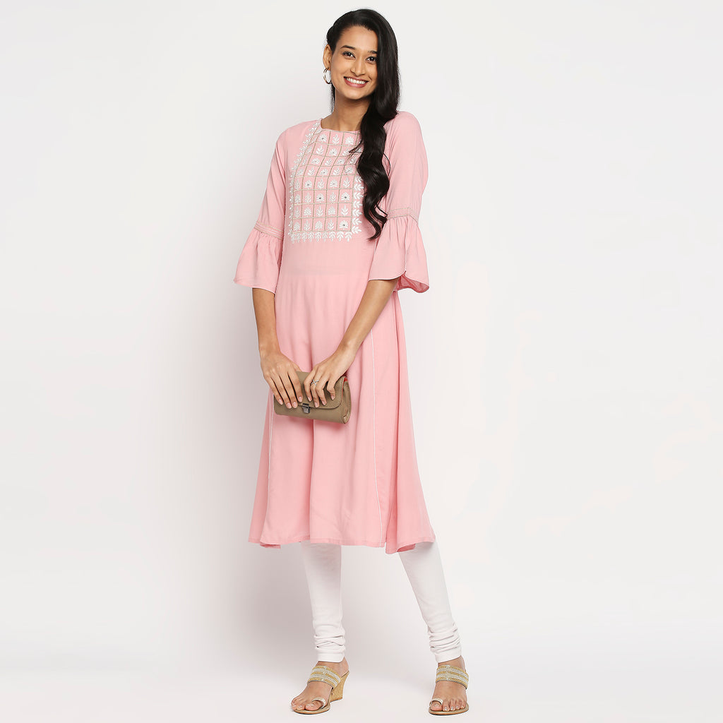 Women's Pink Rayon Embroidered Kurta