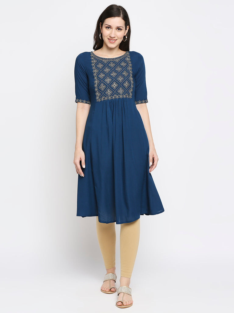 Women's Petrol Rayon Embroidered Kurta