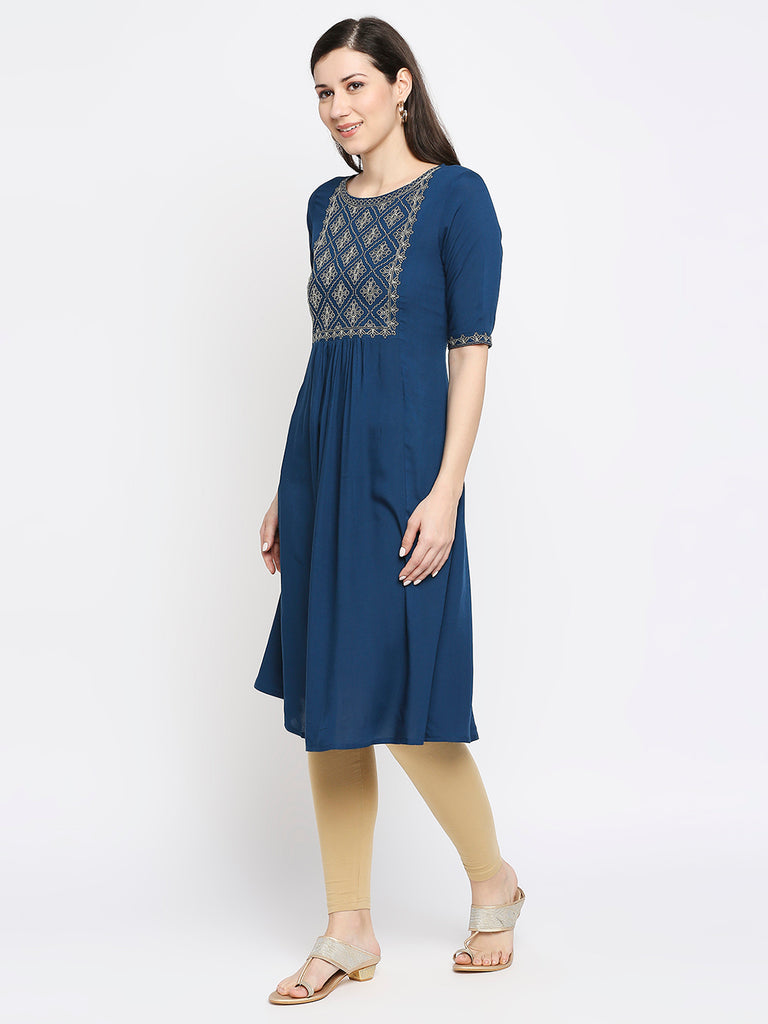 Women's Petrol Rayon Embroidered Kurta
