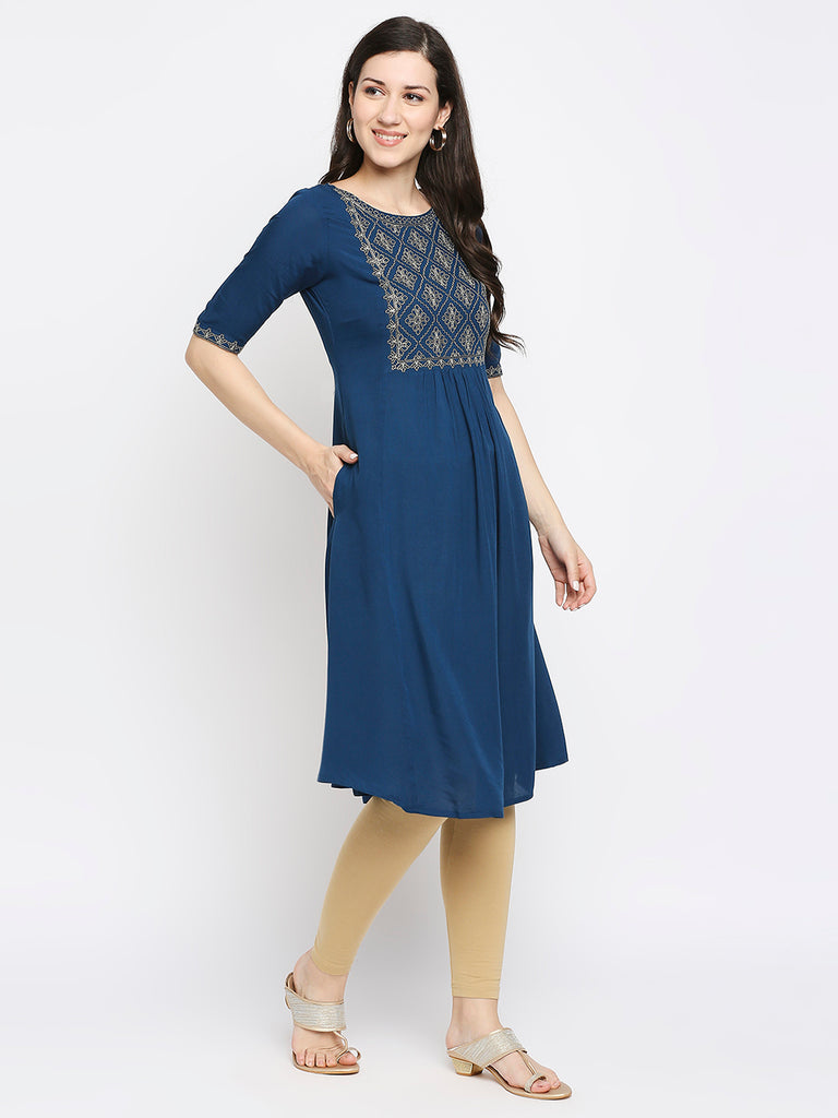 Women's Petrol Rayon Embroidered Kurta
