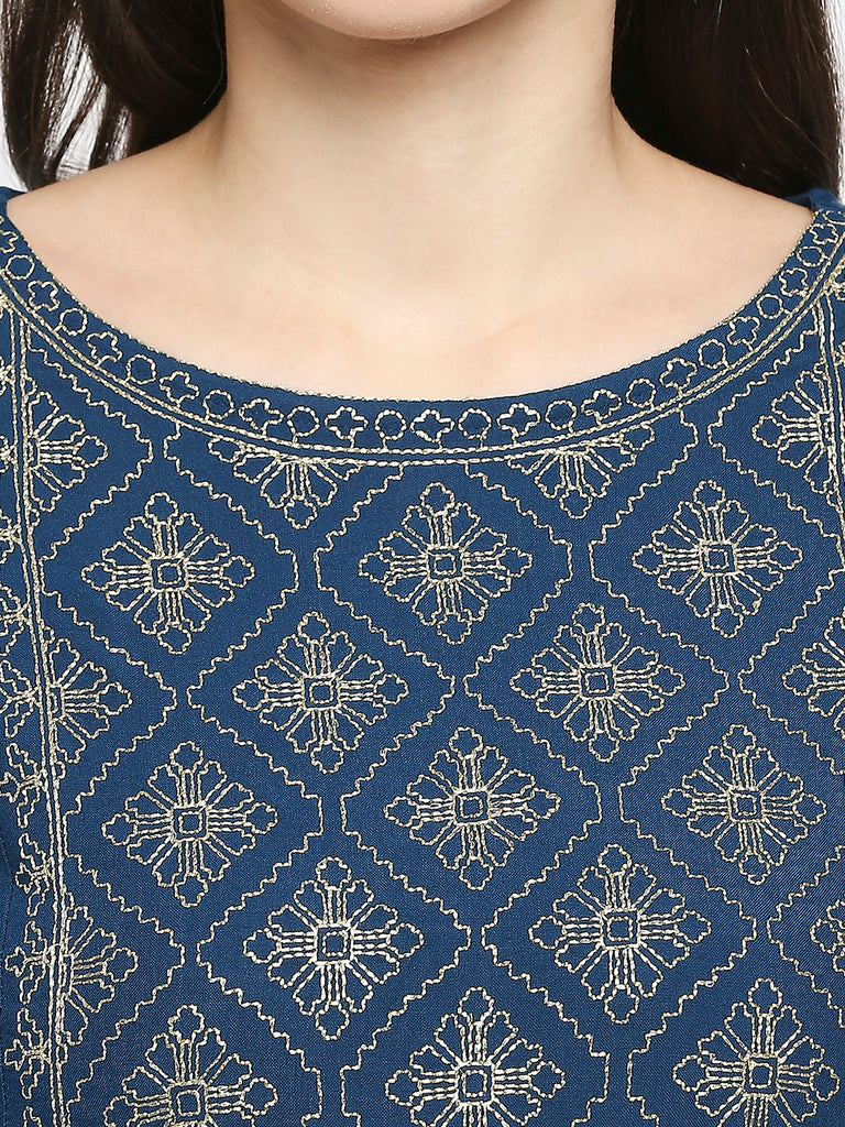Women's Petrol Rayon Embroidered Kurta