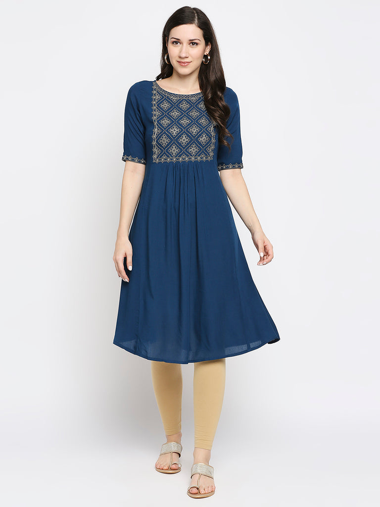 Women's Petrol Rayon Embroidered Kurta